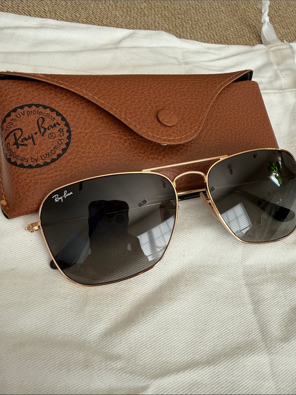 Ray-Ban Gold Frame Sunglasses with Dark Gray Lenses